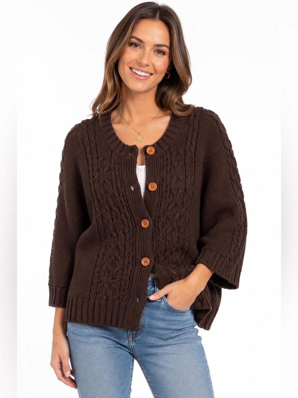 Philosophy By Republic Brown Chunky Cable Knit Cardigan, Size XL